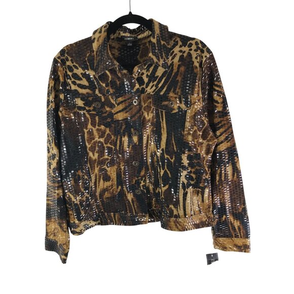 Elementz Womens Shacket Jacket Sequin Animal Print Button Front Brown L - Picture 1 of 4